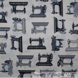 Robert Kaufman Fabrics BonEful FABRIC FQ Cotton Quilt White Black VTG Antique Old World Sewing Machine
