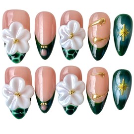 Handmade Press On Nails, 3D White Floral Design, Medium Almond Shape, Emerald Green with Snake Print, Reusable Thick Acrylic False Nails (Jade-scale, M)