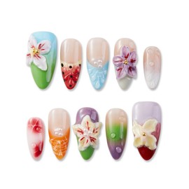 Zfans Almond Shape DreamWear Collection - 100% Handcrafted 3D Press-On Nails | Reusable, Long-Lasting, Salon-Quality Mint Bloom Eco-Friendly Nail Art Set:_Vibrant Garden_m