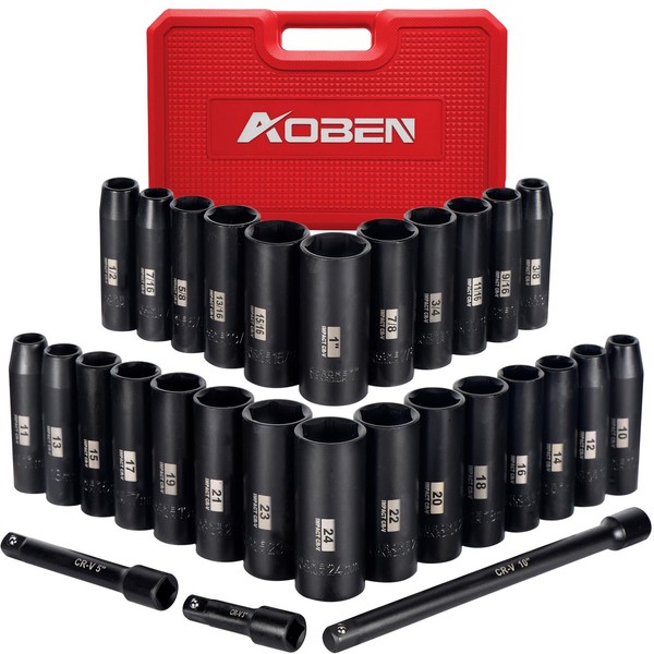 AOBEN 1/2-Inch Drive Impact Socket Set, 29 Pieces, 6 Point,