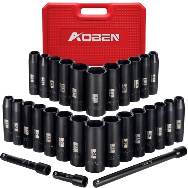 AOBEN 1/2-Inch Drive Impact Socket Set, 29 Pieces, 6 Point, SAE/Metric, (3/8" - 1", 10mm - 24mm), Deep, Cr-V Steel, Includes 3", 5", 10" Extension bars