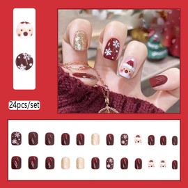 Carufin 24 Pieces Christmas Tree Love Short False Nails Pearl Flowers Dog Rabbit Acrylic False Nails Print on Nails for Women Girls (F)
