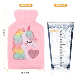 Hot Water Bottle with Cover, Removable and Washable, Soft Unicorn Plush Bottle Cover, Warm Winter Natural Rubber 1L for Neck, Waist, Back, Legs, Shoulder (Pink)