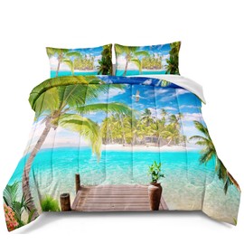 BDUCOK Ocean Comforter Set Queen Size Beach Bedding Set Tropical Palm Tree Hawaii Ocean Comforter Set Sunny Beach Coastal Nature Theme All Season Comforter Queen Size 1 Comforter wiht 2 Pillowcases