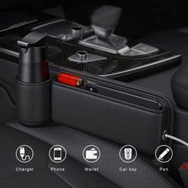 CONEATI 2-Pack Car Leather Cup Holder Gap Bag, Adjustable Car Seat Gap Storage Box Leather with Cup Holder for Phones Glasses Keys Cards (Black. Driver- Passenger)