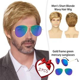 DAVBNM Men's Short Blonde Wavy Hair Wig, Daily Use Costume Wig for 80s Disco Style and 60s 70s Costume Accessories, Party, Music, Carnival