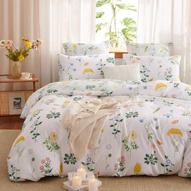 Lanqinglv Bed Linen 135 x 200 cm Green White Flowers Pattern Plants Reversible Bed Linen Set Colourful Leaves Aesthetic Bed Linen with Zip and 1 Pillowcase 80 x 80 cm