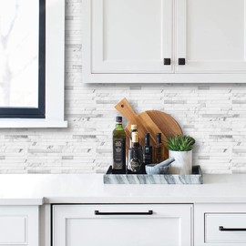 AULIGET Faux Stone Peel and Stick Backsplash, PVC Mixed Metal Wall Tiles Stick on Backsplash (2, White Marble Look)