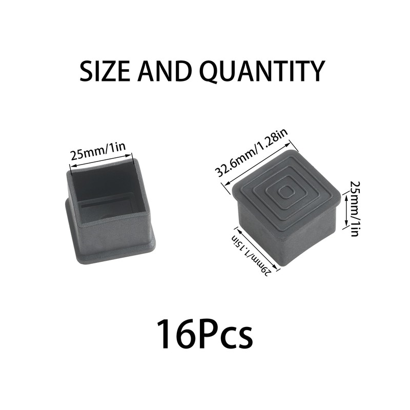 16Pcs 1"x1" Square Rubber Furniture Leg Caps Chair Cover Foot