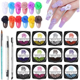 Kalolary Sculpture Carved Nail Gel Set, 12 Color Sculpture Carved Gel Nail Polish with 1pcs Nail Art Sculpture Pen, 1pcs Double-ended Nail Cuticle Pusher Cutter and a Nail Carving Brush