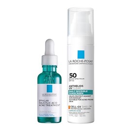 Paquete de tratamiento con ácido salicílico La Roche-Posay Effaclar para minimizar los poros, eliminar manchas de acné y marcas posteriores al acné + protector solar transparente UV Anthelios SPF 50, protector solar diario para cara con ácido azelaico