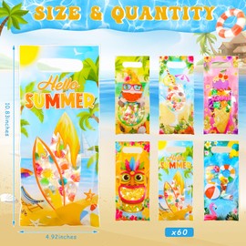 Pasimy 60 Pcs Summer Goodie Bags Plastic Hawaii Candy Treat Bags Tropical Beach Pool Party Favor Gift Bags Bulk Tiki Snack Bags with Handle for Hawaiian Aloha Luau Birthday Supplies, 6 Design