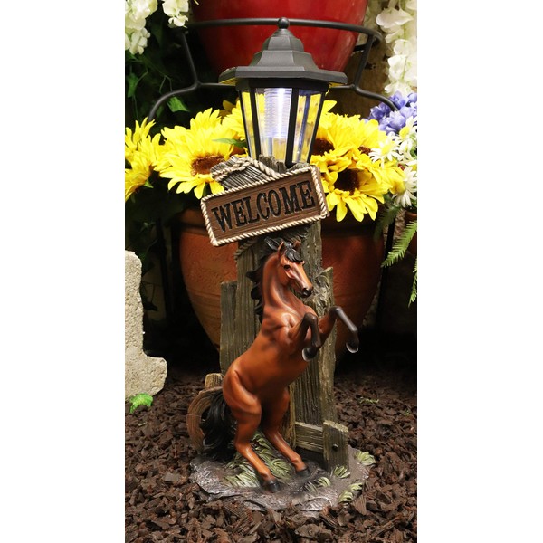 Ebros Large Rustic Country Western Rearing Chestnut Horse by Farm Outpost with Welcome Sign Statue Equipped with Solar LED Lantern Light Stallion Horses Decor Figurine for Patio Poolside Garden Home