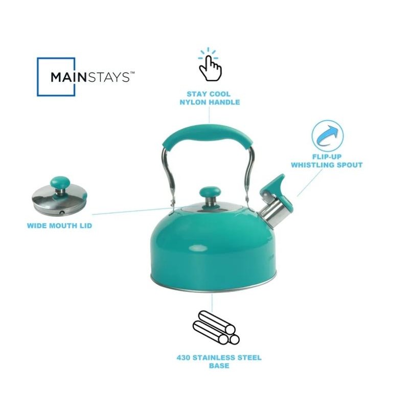 Mainstays Teal 1.8 Liter Stainless Steel Whistling Tea Kettle Turquoise