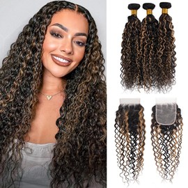 Highlight Water Wave Bundles with Closure Human Hair Honey Brown Balayage Curly Wave Human Hair Bundles 1B/27 Colored Human Hair 3 Bundles with 4x4 HD Lace Closure Free Part (14 16 18+12)