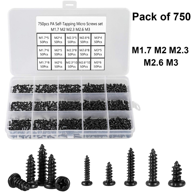 HanTof 750 Pcs Small/Micro/Tiny/Mini Self-Tapping Screws, M1.7-M3 Phillips Pan Head,