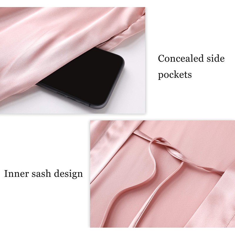PRODESIGN Satin Kimono Robe Long Silky Bath Robe with Ostrich