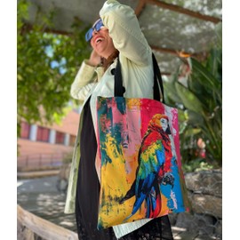 Loxato Tote Bag with Zip – Aesthetic Bag – Velvet Fabric Velluto – Women's Fabric Bag with Zip Large W 37 x H 42 cm – Jute Bag Printed – Women's Bag – Fabric Bag Aesthetic, abstract parrot