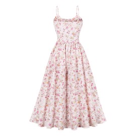 ABEHIK Women Floral Corset Midi Dress Bustier Sundress Flowy Cocktail Dresses Spaghetti Strap Backless Boho Casual Low Cut Summer Wedding Guest Party Dress with Pockets Pink S