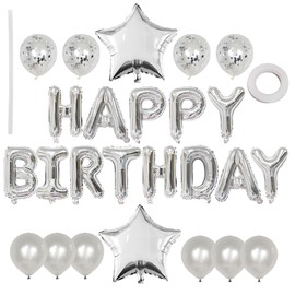 Silver Happy Birthday Balloons Banner - 16 Inch Reusable Mylar Foil Letters Sign for Kids, Adults, Boys & Girls Birthday Party Decorations - Indoor & Outdoor Gold Balloons & Happy Birthday Sign