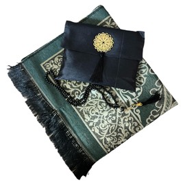 Muslim Prayer Rug and Beads with Elegant Slub Fabric Bag | Janamaz | Sajadah | Soft Islamic Prayer Rug | Islamic & Mawlid Gifts | Prayer Carpet Mat, Taffeta Fabric (Black, 1 Sets)