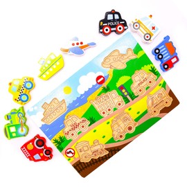 RB&G Wooden Puzzle for Children Special Hands for Baby Toddlers from 1 Year with Large Parts Fire Brigade, Police, Plane, Railway