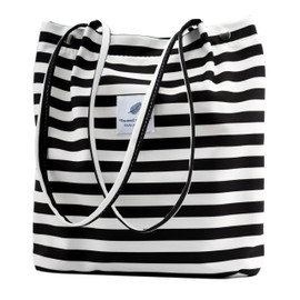 Corduroy Tote Bag Cute Tote Bags for Women Shoulder Bag with Inner Pocket for Work Beach Travel and Shopping Grocery (Black and White Stripes)