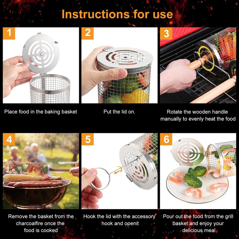 Kyrio 2 x Stackable BBQ Baskets 304 Stainless Steel Roller