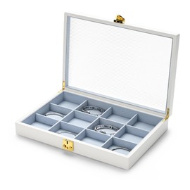 Oirlv White 12 Gird Luxury Leather Jewelry Organizer Tray with Clear Lid Lockable Jewelry Box Bangle Holder Box for Women Girls (Blue Interior) 12 Grid