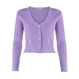 New Ladies Women Long Sleeve V-Neck Knitted Cropped Cardigan Top Sweater with Small Pockets and Buttons [Lilac,