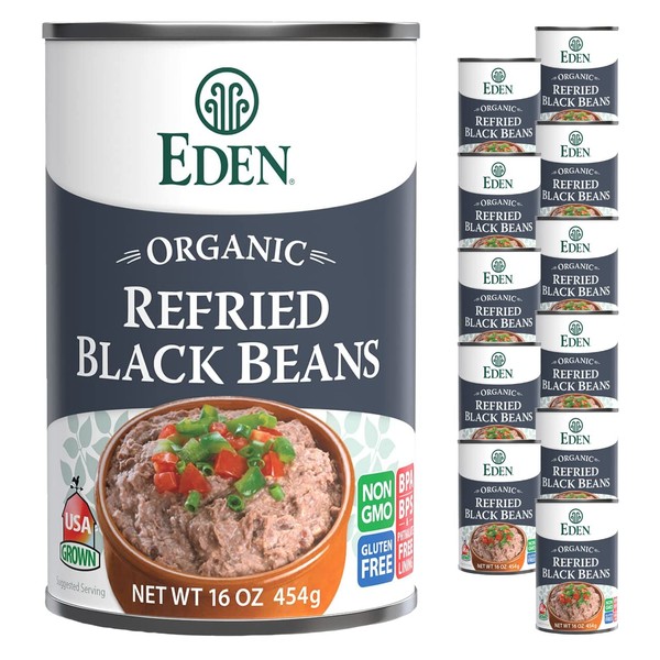 Eden Organic Refried Black Beans, Frijoles Negros Refritos, Lightly Salted, Vegetarian, Non GMO, USA Grown, Gluten Free, 16 oz (12-Pack Case)