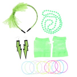 Minkissy 1set Neon Theme Party Costume Lace Hairband Fishnet Gloves Necklace Earrings Eye-catching Accessories for Festivals Rave and Cosplay Events