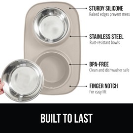 Gorilla Grip 100% Waterproof BPA Free Cat and Dog Bowls Silicone Feeding Mat Set, Stainless Steel Bowl Slip Resistant Raised Edges, Catch Water, Food Mess, No Spills, Pet Accessories, 3 Cup, Beige