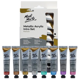 Mont Marte Metallic Acrylic Paint Set 8 Piece x 18 ml Tubes, Lightfast Colors with Smooth Consistency and Opaque Metallic Finish.