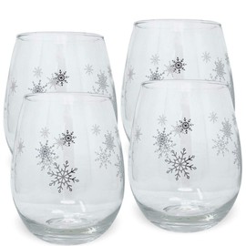 Winter Wine Glass Set - Set of 4 Stemless Glasses with Silver Snowflake Designs - 14oz