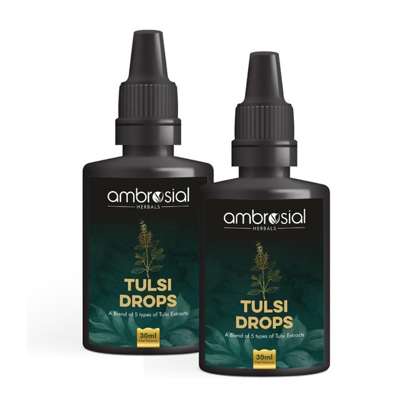 Ambrosial Tulsi Drops Concentrated Extract of 5 Tulsi 30 ml │ Natural Immunity Enhancer │ Relieves Cough and Cold │ Raw Extract of Holy Basil Leaf (30 ml) (Pack of 2)