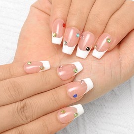 Sethexy French Pink Handmade Press on Nails Medium Coffin Acrylic Glossy Fake Nail with Design White Tip False Nails Salon Durable Nail for Women and Girls10PCS (J)