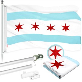 UD_G128 Flag Pole 6 FT Silver Tangle Free & Chicago Flag 3x5 FT Combo Embroidered 300D Polyester