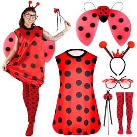 Moiuguli Ladybird Costume Women's Ladybird Costume Adult with Wings Glasses Leg Sleeves Headband Magic Wand Fancy Dress Costumes Ladies Funny for Carnival Fancy Dress Theme Party Dress Up Party