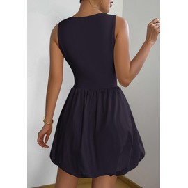 PRETTYGARDEN Summer Dresses for Women 2025 Casual Sleeveless Tank Mini Short Dress Crew Neck Bubble Sundress with Pockets (Navy,X-Large)