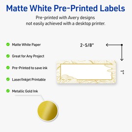 Avery Printable Rectangle Address Labels with Sure Feed Technology, Pre-Printed Gold Florals, Matte White, 1" x 2-5/8", Laser & Inkjet Compatible, 160 Total, Great for Branding, Marketing, and Events