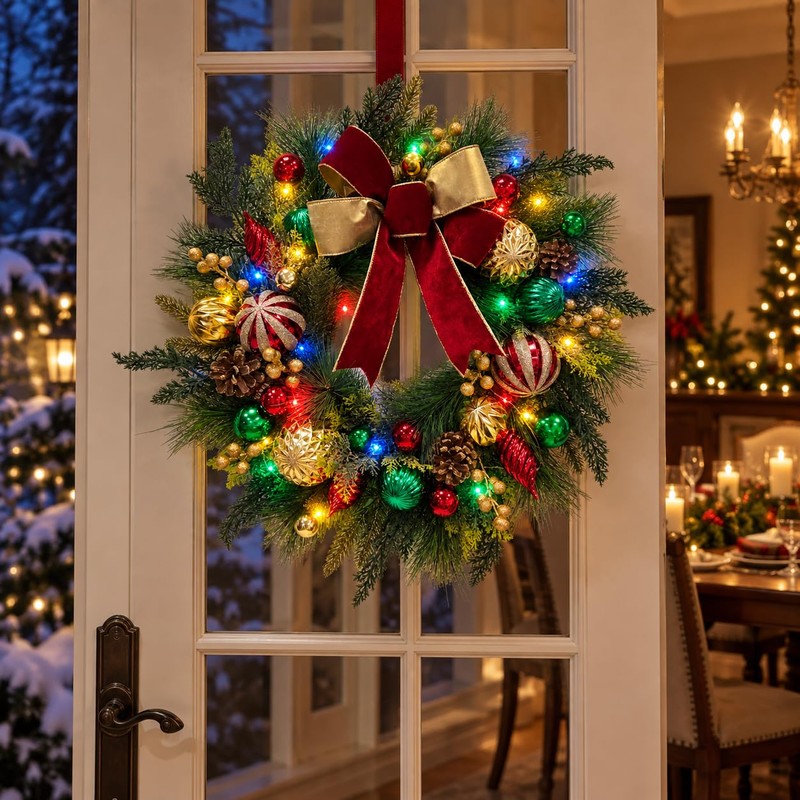 22 Inch Lighted Christmas Wreath with Timer, Red Bow and