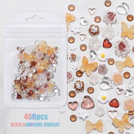 3D Nail Charms, 400 Pcs Multi Shapes Flower Bow Bear Heart Nail Art Charms Nail Rhinestones Gems Resin Nail Art Decorations Accessories Nail Jewels for Nail Design DIY Crafts (Orange)