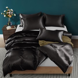 Horbaunal 5 Pieces Satin Duvet Cover Set King Size Black Duvet Cover with Corner Ties & Zipper Closure, Luxury & Silky Bedding Set, 1 Duvet Cover and 4 Pillowcases (No Comforter)