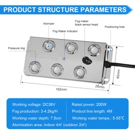 HNZXIB Mist Maker Fogger 6 Head Ultrasonic Mist Fogger with Power Supply，6 Head Ultrasonic Mist Maker Fogger,Mist Maker Fogger Water Fountain for Rockery/Pool/Fish Pond Fog (Sliver 6 Heads)