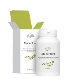 Dr. Selz Muco Flora capsules intestinal building preparation with 14 intestinal bacterial cultures and the enzyme protease, thiamine, riboflavin, vitamins B6 and B12 and biotin.