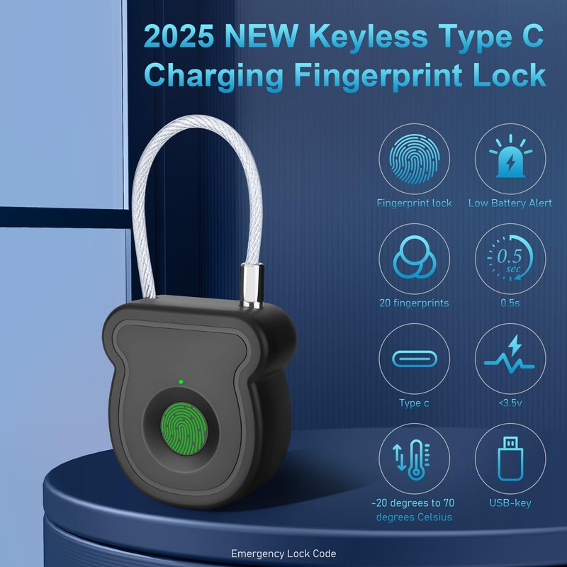 Fingerprint Padlock Lock with Key Backup, Biometric Metal Keyless Thumbprint