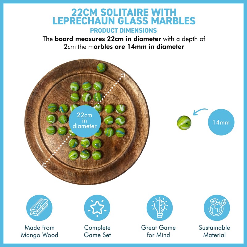 Solitaire Wooden Board Game with Green Goblin Glass Marbles 22cm