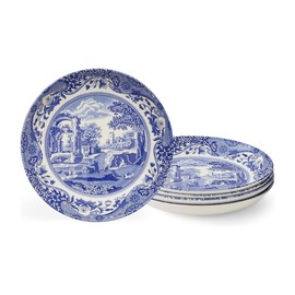 Spode Blue Italian Pasta Bowl, Set of 4-9 Inch Shallow Earthenware Serving Bowls with Oriental Border Design - Asian Style Tableware for Salad, Pasta, Noodles, Shared Side Dishes
