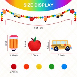 Back to School Felt Ball Garland – Colorful Pom Pom Classroom Banner with School Bus, Apple and Pencil Decorations for Classroom Wall, Bulletin Board and First Day of School Party Supplies